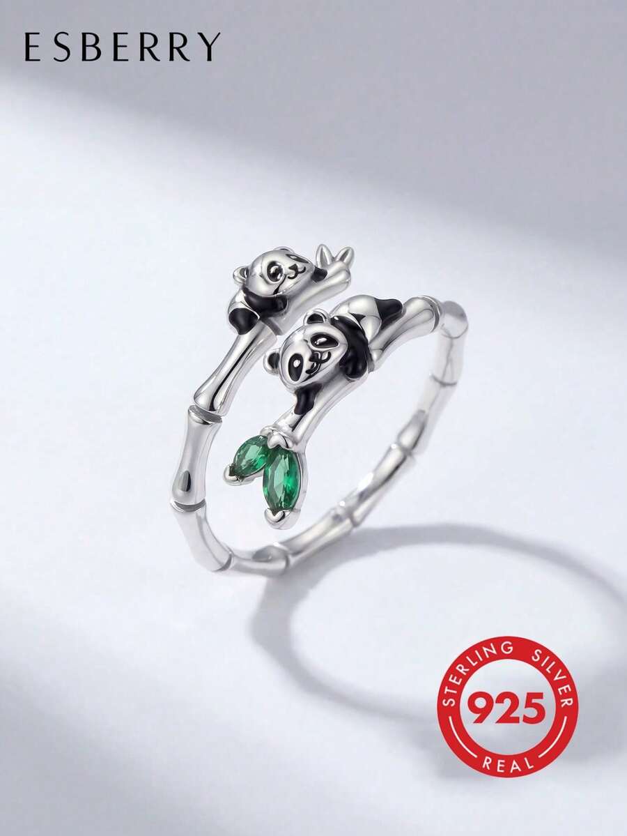 1pc 925 Sterling Silver Panda Holding Bamboo Open Ring, Exquisite Women's Jewelry, Suitable As Birthday Gift, Daily Wear Or Gift - Panda Hugging Bamboo Ring - View 1
