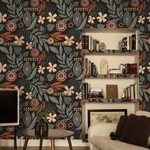 1pc Black Background Deep Green Floral Plant Wallpaper, 17.7" X 118/196", Removable Wallpaper, Living Room, Bedroom Wall And Furniture Renovation Sticker, Autumn Atmosphere Wall Decor, Back To School Decoration, Contact Paper - Home Wallpaper - View 9