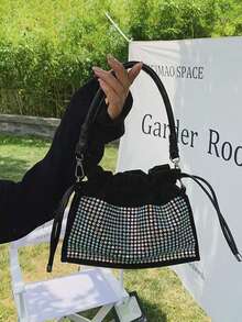 Japanese & Korean Style Niche Design Ins Diamond Shoulder Bag Crossbody Versatile Fashion Handbag Drawstring Fully Rhinestone Commute Outing Daily Shopping Women's Shoulder Bag - Black - View 6