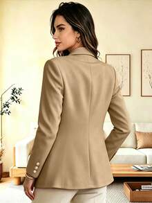 Women's Elegant Fashion Commuter Khaki Regular Fit Lapel Long Sleeve Open Front Knit Blazer Jacket With Button Details - Khaki - View 4