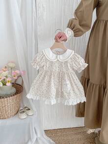 Miniweenns 1件女嬰夏季戶外休閒花卉短袖公主洋裝，1歲生日禮物 - 彩色 - 查看 3