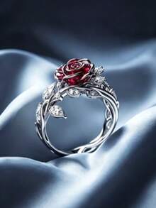 Anillo de aniversario chapado en plata para mujer, con circonita sintética incrustada, diseño de flor de rosa, anillo de compromiso de lujo, joyería de lujo para boda y banquete, adecuado para boda, anillo de boda, joyería, regalo perfecto para aniversario, Día de San Valentín y cumpleaños/Navidad - Plateado - Ver 3
