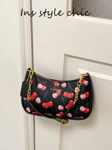 Fun Print Pattern With Metal Chain Spliced Shoulder Strap Crescent Shape Underarm Bag Personalized Fun Style Shoulder Bag Women's Outing Party Date Portable Small Bag Vibrant Atmosphere Matching Shoulder Bag - Black - View 9