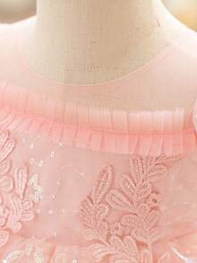 Baby Girls Round Neck 3D Embroidered Shiny Sequin Mesh Cute Flower Girl Dress Suitable For Party And Ball, Headband Not Included - Pink - View 7
