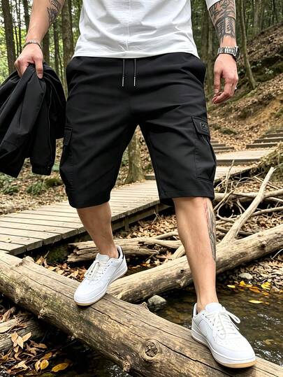 Men's Fashion Quick-Dry Cargo 5-Inch Shorts With Drawstring Elastic Waist, Multiple Pockets, Loose Fit Knee-Length Outdoor Sports Shorts, Great Gift For Men, Holiday Gift For Men