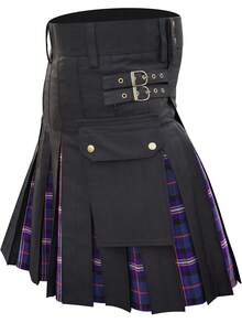 Men Scottish Tartan Patchwork Pleated Kilt Gothic Punk Utility Skirt With Buckle Straps And Cargo Pocket - Purple - View 6