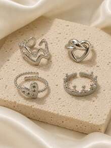 304 Stainless Steel Heart-Shaped Combination Ring Set, Multiple Styles - Heart-shaped, 4 Pieces - View 3