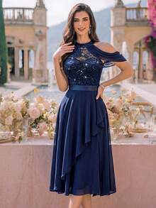 MIUSOL Gaun Koktail Elegan Model Halter Neck dengan Hiasan Payet, Bunga, dan Renda Berlapis, Cocok untuk Ulang Tahun, Tamu Pernikahan, dan Makan Malam Musim Panas. - Navy Blue - View 4