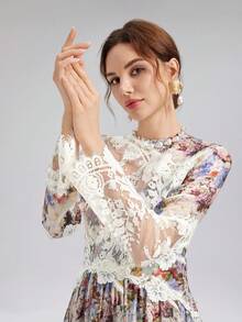Rich Radi Q's 花卉印花優雅蕾絲拼接洋裝，適合晚宴約會、婚禮、度假，四季皆宜 - 杏色 - 查看 5