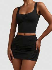 Women's Solid Color Ruched Bodycon Camisole And Mini Skirt Set - Black - View 7