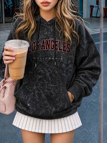 1pc Women's Washed Sweatshirt, Red LOS ANGELES College Style Print, Y2K Retro Style Casual Black - Black - View 5