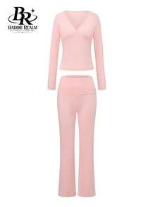 BADDIE REALM 女款 2 件套緊身長袖 V 領上衣與雙腰頭褲子，適合基礎日常穿著 - 粉色 - 查看 7