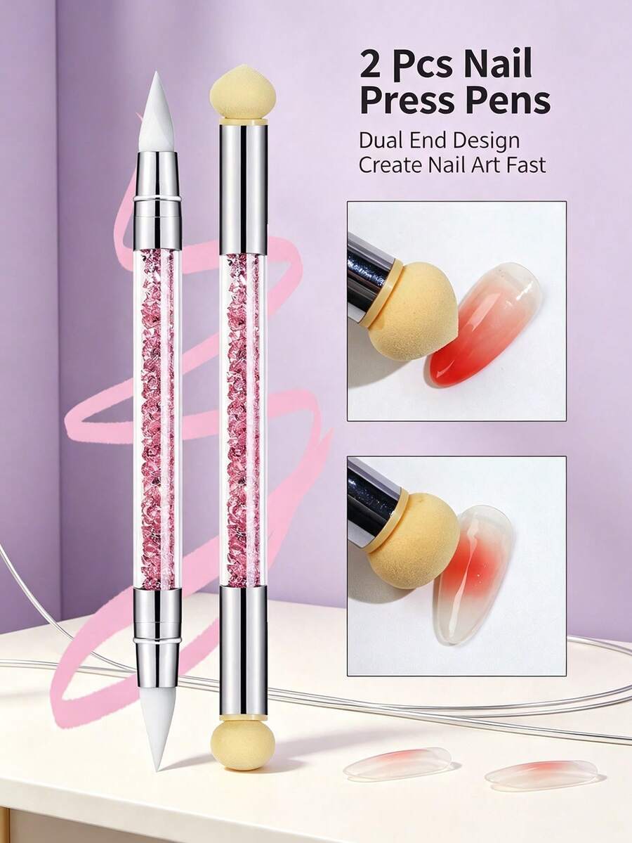 2 Stücke doppelseitige Nagelkunst-Schwamm-Pinsel mit Batikmuster, Cut Out geschnitzter geprägter Punktstift, Strass-Griff, DIY Nagelkunst-Zubehör, Feiertagsgeschenk, waschbarer und austauschbarer doppelseitiger Schwammstift - Verschiedenfarbig - Übersicht 1