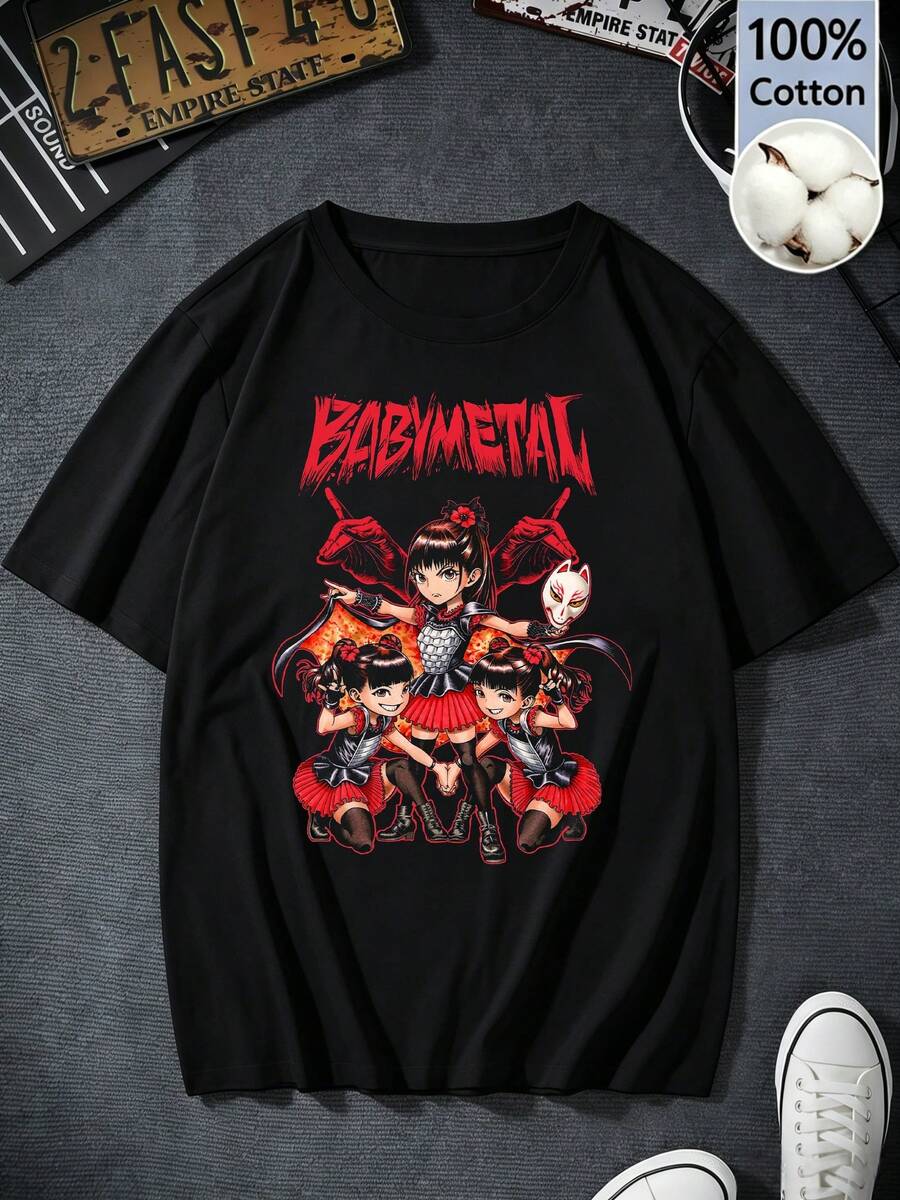 Women's Black Cotton Short-Sleeve T-Shirt, Y2K Retro Style, BABYMETALS Fox Mask Graphic Print, Summer Clothing For Rock Fans, Regular Fit - 黑色 - 查看 1
