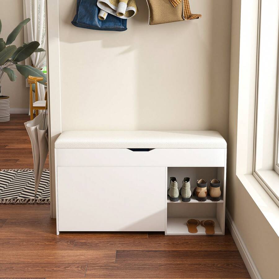Storage Bench White Made Of Wood For Hallway And Entryway - White - View 1