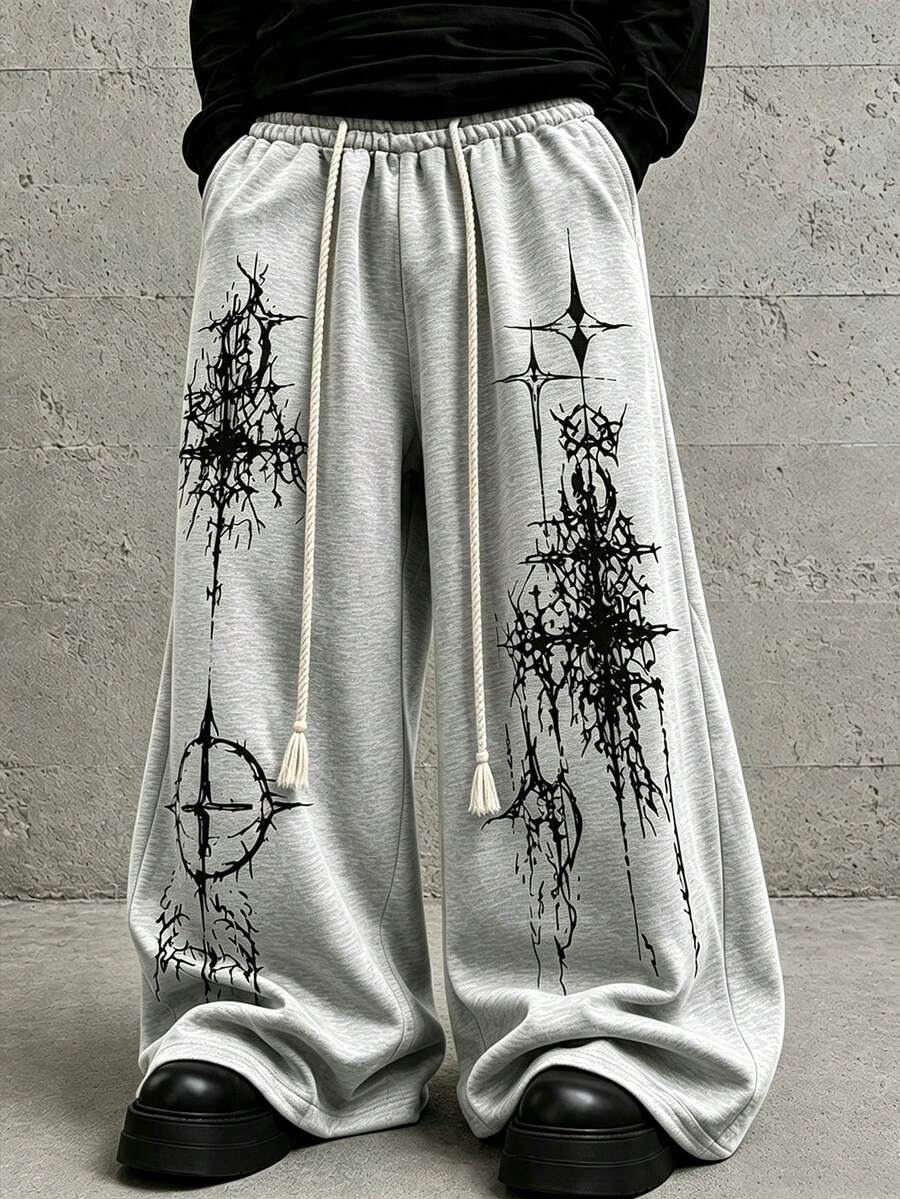 Men's Cross Print Wide Leg Sweatpants, Chunky Cable Knit Tassel ...