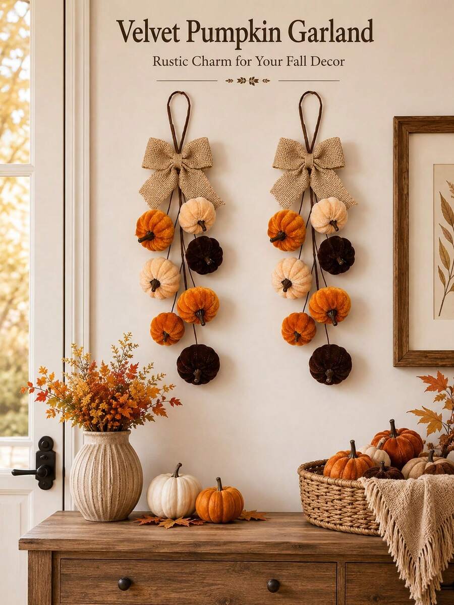 1pc Artificial Velvet Foam Pumpkin Wall Hanging, Autumn Home Decor, Farmhouse Harvest Style, Thanksgiving Window And Door Decoration, Suitable For Autumn, Holiday And Party Decor, Halloween Decoration - Multicolor - View 1
