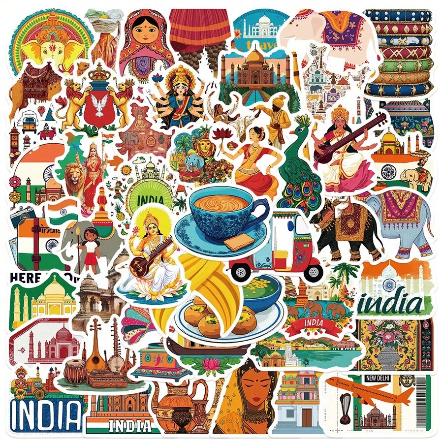 50Pcs Funny India Travel Stickers Aesthetics Scrapbook Stickers Pack India Souvenir Graffiti Stickers World Travel Stickers Vinyl Waterproof Stickers For Water Bottle,Computer,Laptop,Phone,Luggage,Notebook,Fridge