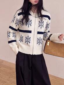 Women's Autumn/Winter Casual Minimalist Retro Pattern Zipper Cardigan Sweater Jacket - Beige - View 1