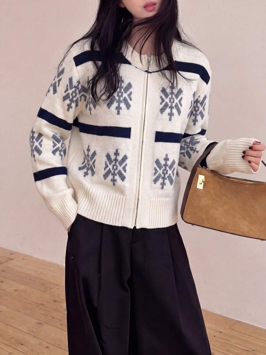 Women's Autumn/Winter Casual Minimalist Retro Pattern Zipper Cardigan Sweater Jacket - Beige - View 1