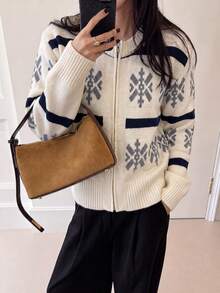 Women's Autumn/Winter Casual Minimalist Retro Pattern Zipper Cardigan Sweater Jacket - Beige - View 3