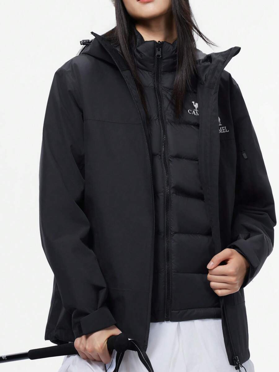 CAMEL CROWN Jaket Musim Dingin Wanita 3-in-1 Tahan Air dengan Jaket Dalam Bulu Angsa, Mantel Luar Ruangan Berkerudung Tahan Angin untuk Mendaki Gunung, Ski, Berkemah, Perjalanan, dan Cuaca Dingin - Hantu Hitam - View 1