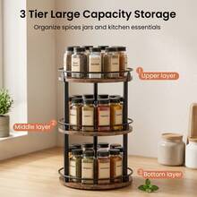 Senmeo 3‑Tier Wood & Iron Rotating Spice Rack, 360° Lazy Susan Turntable, Space Saving Storage Organizer, For Kitchen/Countertop/Cabinet - Black Frame Walnut Color - View 2
