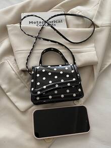 Mini Polka Dot Pattern Fashion PU Designer Style Elegant Women's Flap Top Small Handbag, Square Crossbody Shoulder Bag - Black - View 8