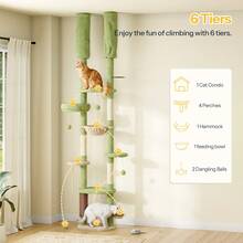 Cat Tree, Height Adjustable From **" To **", Multi-Functional Cat Climbing Tower, With Cat Hammock, Scratching Posts, Dangling Balls, Climbing Platforms, Rubbing Post, Feeding Area, Green - Green - View 4