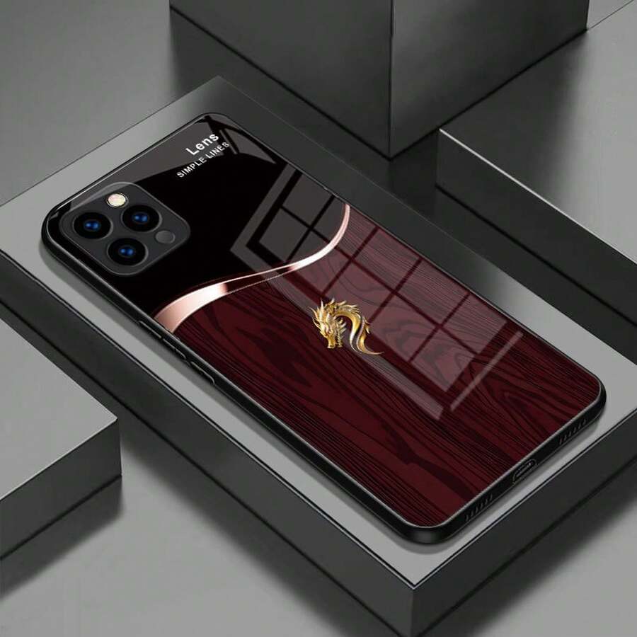 Phone Case: For IPhone16 15 14 13 12 11 Pro Max Plus Tempered Glass Case, Dragon Head -Grain Pattern Design, Simple And Elegant - 黑色4 - 查看 1