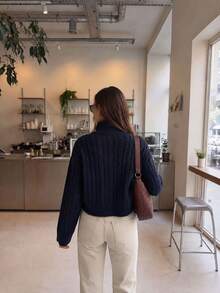 Joy Knit 女款針織毛衣 秋冬時尚新款 百搭上衣 簡約休閒百搭款 高領高領抽繩鈕扣設計 - 寶藍色 - 查看 6