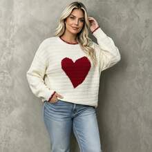 Plus Size Women's Cute Cable Knit Heart Sweater, Drop Shoulder Long Sleeve Crew Neck Knit Top, Soft Slim Fit Pullover - White - View 4