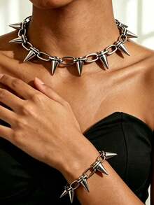 1pc Punk Studded Choker Necklace, Y2K Rock Style Chunky Chain Neck Accessory, Suitable For Women's Party And Daily Wear, Music Festival Dance Party Accessory, Halloween Accessory (Material Is CCB Plastic, Relatively Lightweight) - Silver - View 13