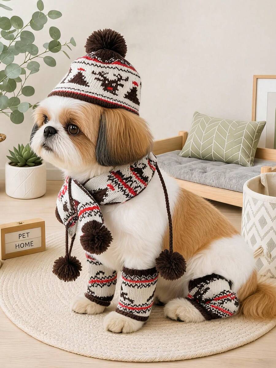 PETCIRCLE 1PC Pet Accessory Small Dog Puppy Cat Cute Pet Holiday Costume Christmas 3 Pieces Set - Coffee Brown Reindeer - Multicolor - View 1