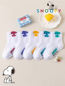 SNOOPY 1/5/10 أزواج جوارب سنوب للأطفال حتى منتصف الساق، جوارب أطفال بتصميم جاكار ملون بسيط ياباني بنمط جرو لطيف ومرح - متعدد الألوان - مشاهدة 4