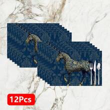 1pc/4pcs/6pcs Horse Pattern Printed Linen Placemats, Rectangular Table Mats, Washable, Easy To Clean, Plate Mats, Bowl Mats, Western Style Table Mats, Suitable For Kitchen, Dining Room, Family Gatherings, Coffee Table And Daily Table Decor - Multicolor - View 12