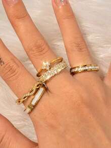 ZCNC Znice 304 Stainless Steel + Copper 18K Gold Plated Stackable Ring Set, Women's Style, 5pcs Clover, Full Rhinestone And Enamel Heart Sparkling Rings, Hypoallergenic Minimalist Jewelry, Perfect Mother's Day Gift, Summer Vacation Accessory - Gold 12 - View 3