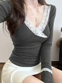 2026 Minimalist Sexy Style Lace Knit Top, V-Neck Criss-Cross Slim Fit Sweater, Gentle Style Knitwear For Women, Autumn/Winter Daily Date Commute, Elastic Knit Fabric Slimming Sweater For Women 18-35 Years Old - Dark Grey - View 4