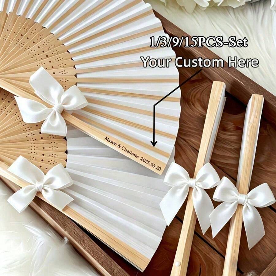1/3/5/9/15pcs Customized White Bow Ribbon Multi-Piece Set Party Favors, Customized Wedding Hand Fans, White Folding Elegant Paper Fans, Bridal Wedding Gifts, Green Ribbon Accessories, Fashionable And Easy To Use, Free Customization Of Any Text - Multicolor - View 1