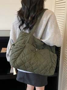 菱格紋絎縫裝飾大容量多口袋收納托特包，適合學生與年輕職場人士，適用日常通勤、上課、外出、購物，可輕鬆收納各種個人物品，慵懶風 - 綠色 - 查看 8