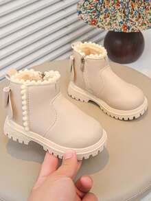 Off-White Girls' Boots, New Autumn/Winter Style, Contrast Color Shoe Opening, Side Zipper, Anti-Slip Thick Sole, Soft Surface, Children's Work Boots, Lace-Up, Wear-Resistant, Matte, British Style, Fashionable Versatile Daily Outdoor Boots - White - View 1