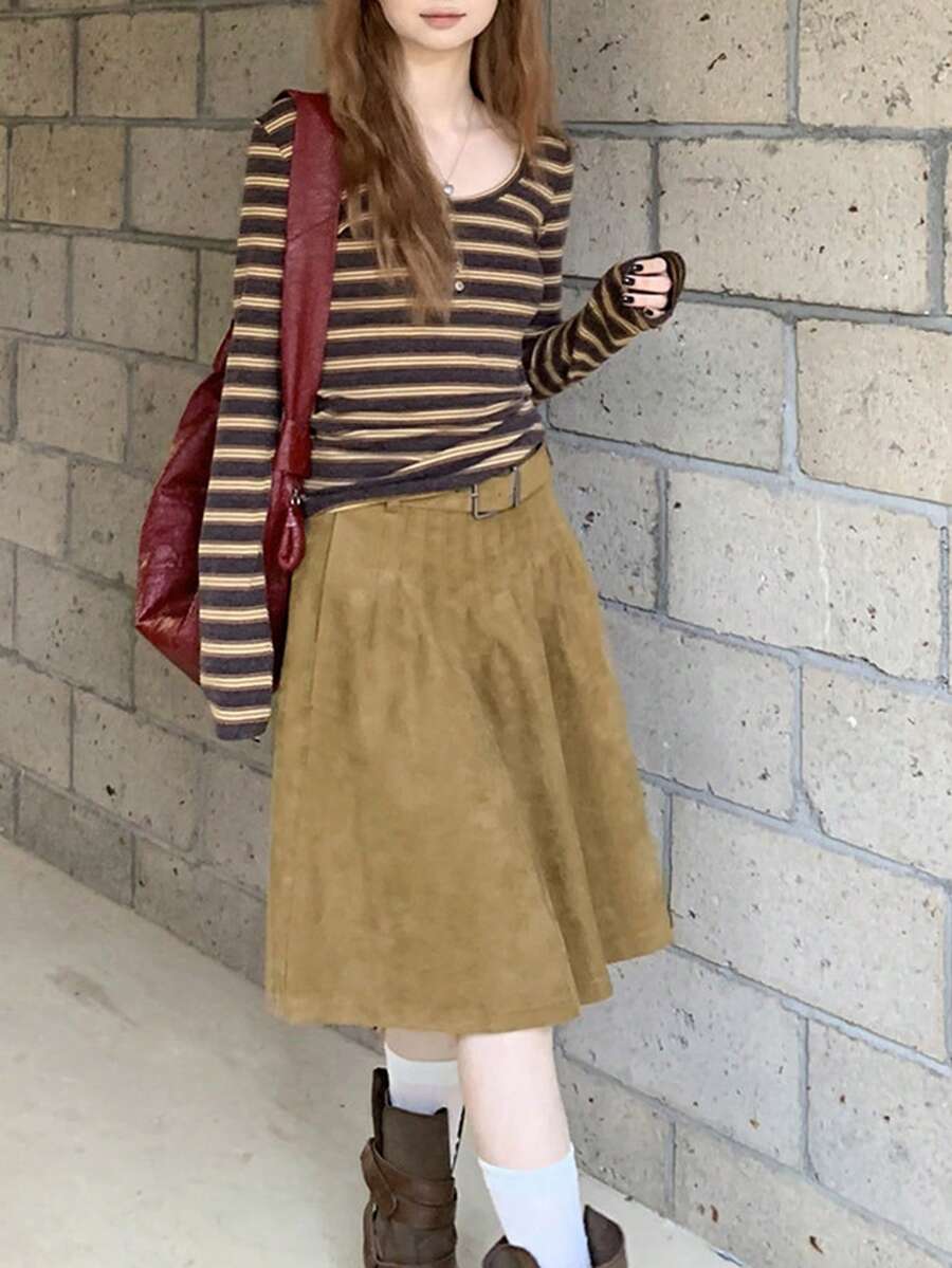 Vintage Pleated Skirt For Women, Autumn/Winter New Style, High Waist, Slimming, Versatile - Brown - View 1
