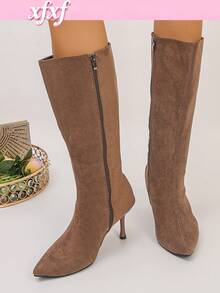 XfxfA Pair Of Women's Pointed Side Zipper Slim Heel Boots, Suitable For Commuting/Dating/Daily Street Wear In The Workplace. - Brown - View 1