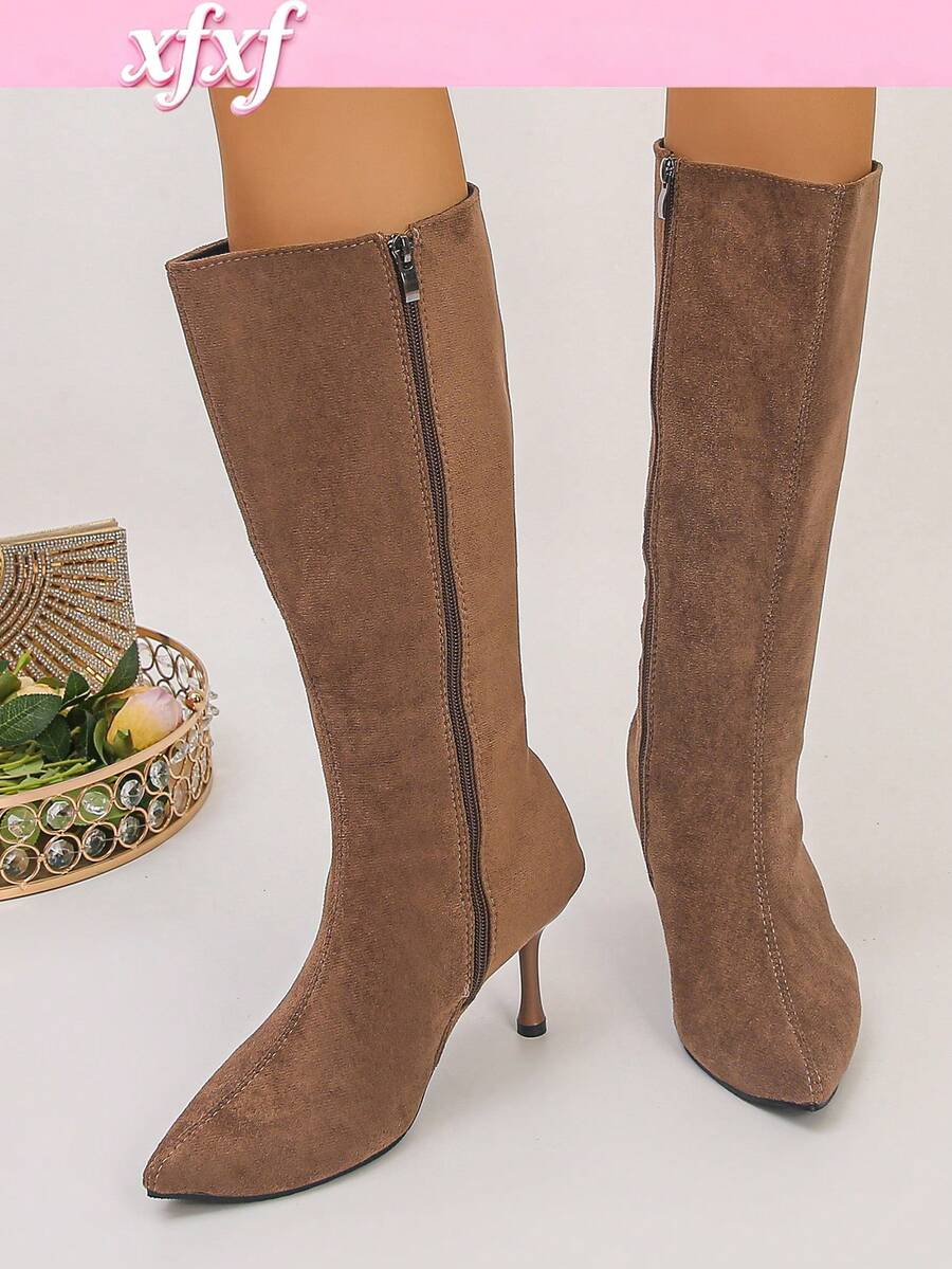 XfxfA Pair Of Women's Pointed Side Zipper Slim Heel Boots, Suitable For Commuting/Dating/Daily Street Wear In The Workplace. - Brown - View 1