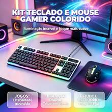 Kit gamer com teclado semi mecânico iluminação rainbow e mouse gamer LED USB com fio para jogos, estudos, trabalho e uso diário no computador ou notebook - Visão 2
