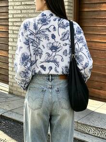 Women's Vintage Floral Print Button Front Notch Lapel Long Sleeve Shirt For Business, Office, Commute, Vacation, Holiday, Spring Fall Winter - Blue - View 3