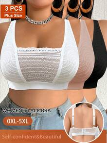 3pcs/Set Bra Kasual Nyaman Minimalis Ukuran Besar Wanita Motif Renda Patchwork Tanpa Kawat Lembut - MultiWarna - View 2