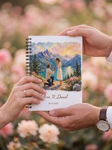 1pc Custom Couple Photo And Text Spiral Notebook, Custom Oil Painting Proposal Scene Journal, Unique Engagement Keepsake Gift For Fiancé Fiancée Wedding Memory Book - Multicolor - View 2