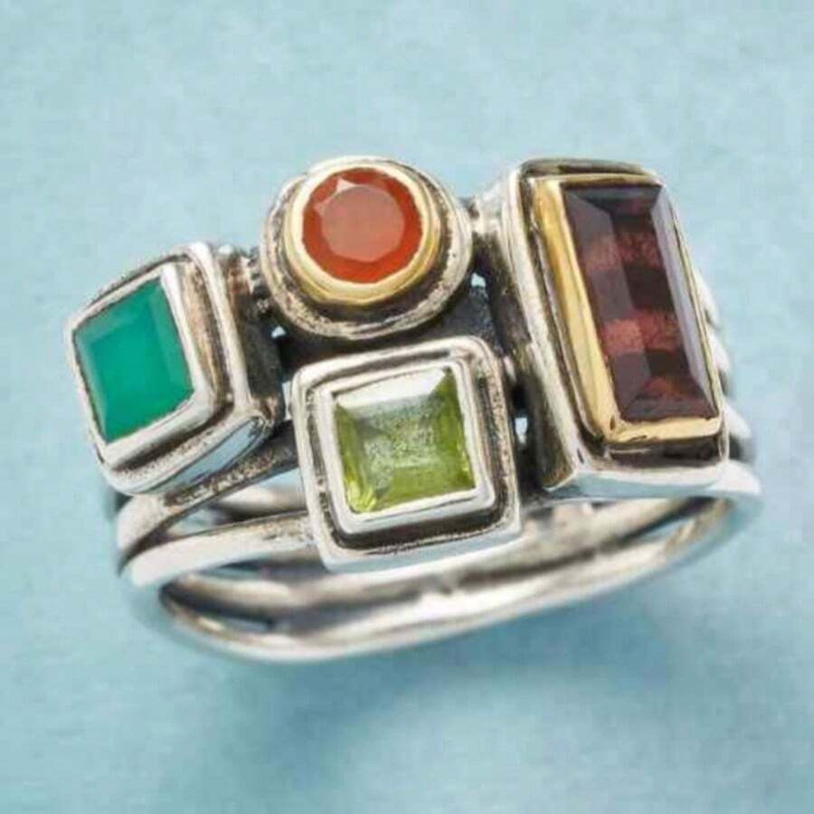 Cincin Gugusan Batu Permata Aneka Warna Gaya Art Deco Klasik, Aksesori Elegan dan Menarik untuk Wanita, Cocok untuk Liburan dan Ulang Tahun. - Perak - View 1