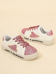 Girls' Sequin Heart Lace-Up Soft Sole Versatile Casual Sports Sneakers - Pink - View 3
